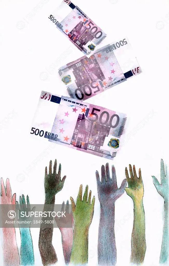 Hands reaching for falling Euro banknotes