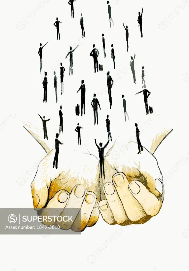 Cupped hands supporting business people