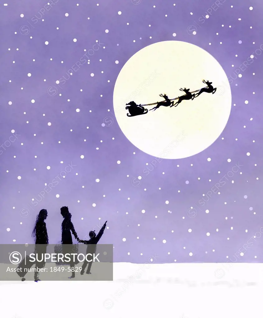 Child with mother looking up at silhouette of Santa Claus and reindeer in full moon