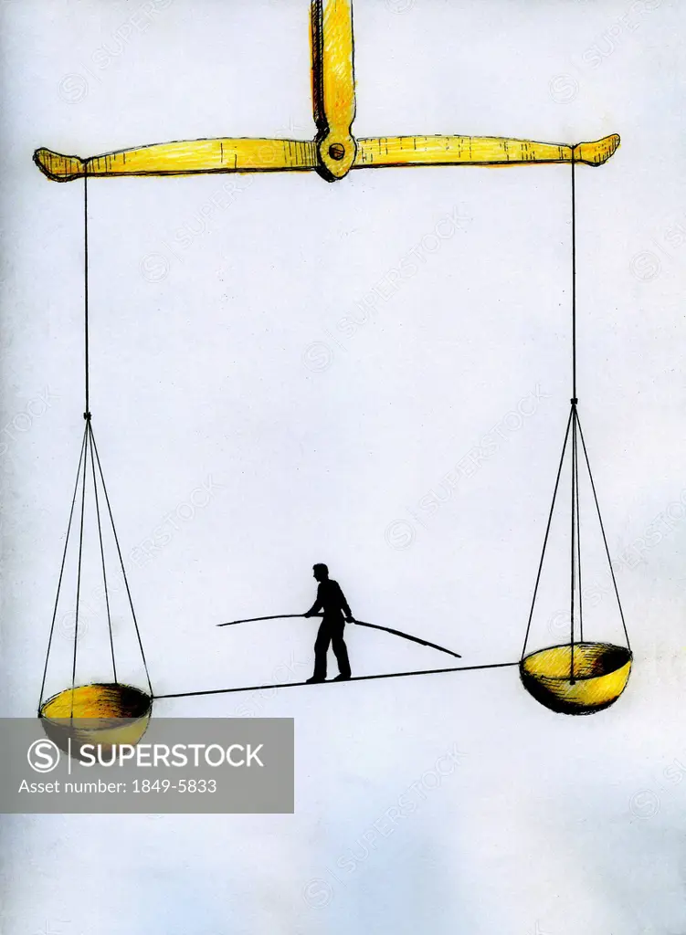 Man with pole walking on tightrope between scales