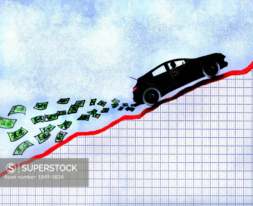 Car on ascending line graph with money emerging from exhaust