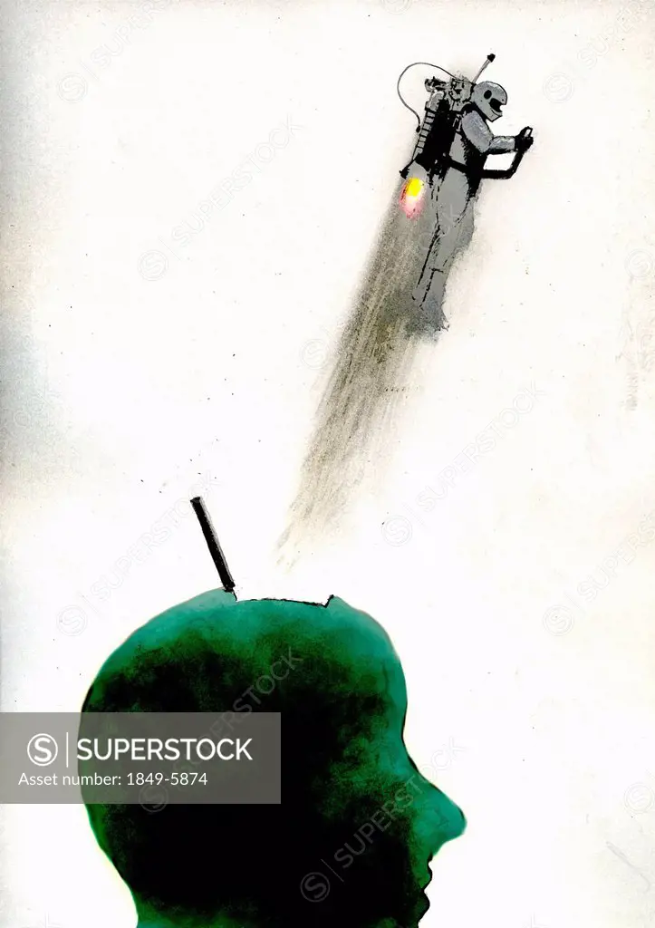 Man with jet pack emerging from green head