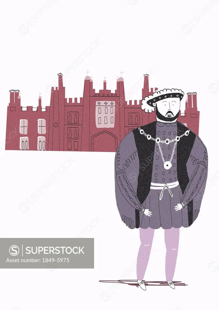 Henry Vlll standing in front of Hampton Court Palace