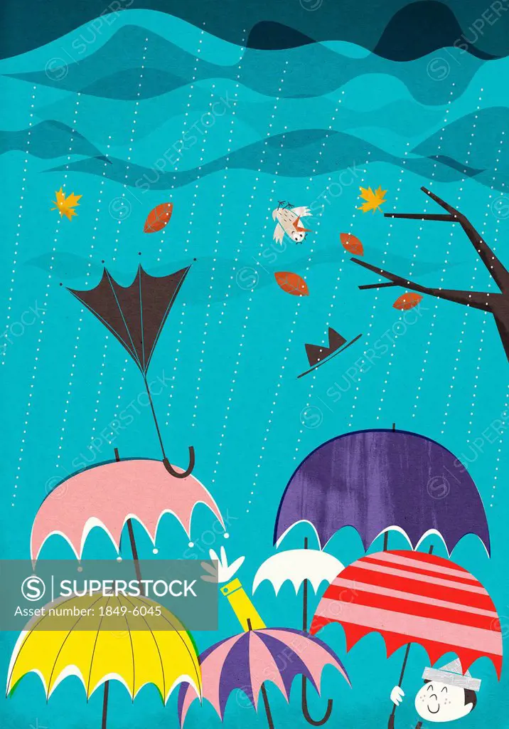 Colorful umbrellas in rain and wind