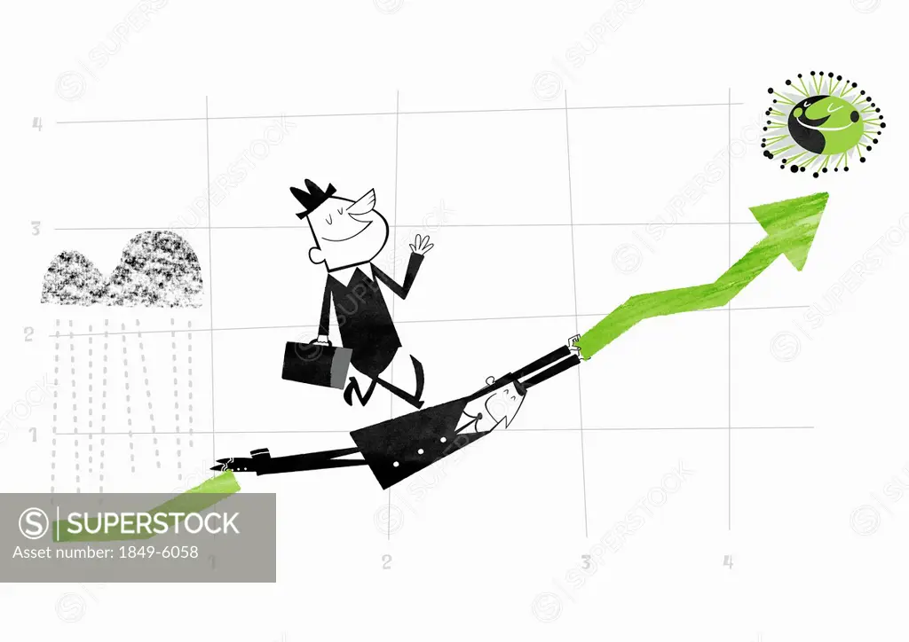 Businessman bridging gap in ascending arrow for co-worker