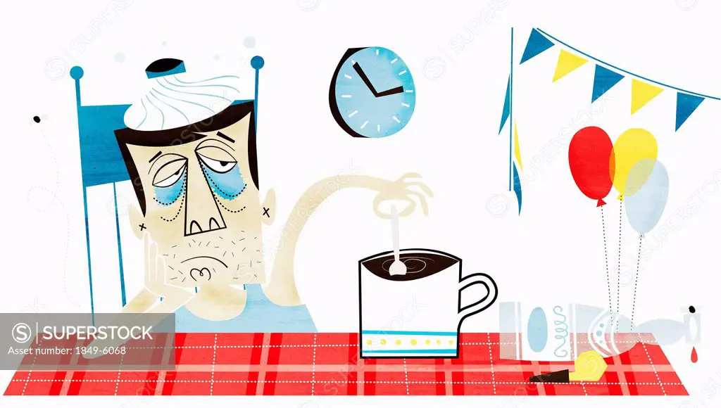Man with hangover and ice pack on head stirring coffee
