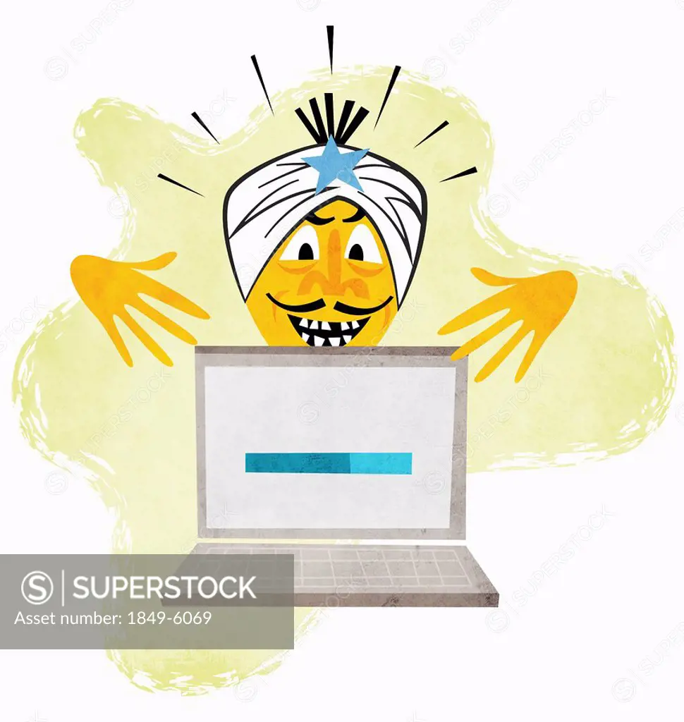 Genie in turban gesturing above laptop with status bar
