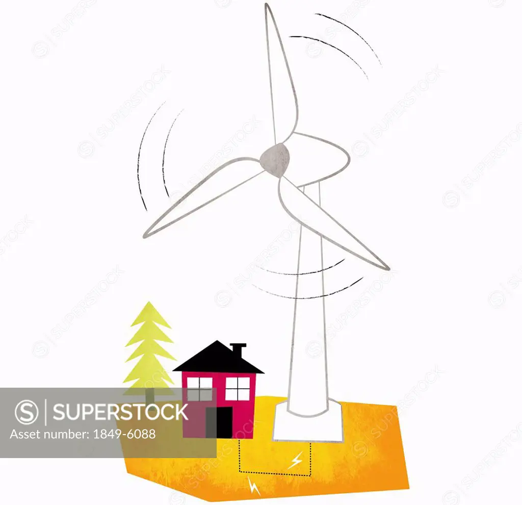 Large wind turbine spinning above house