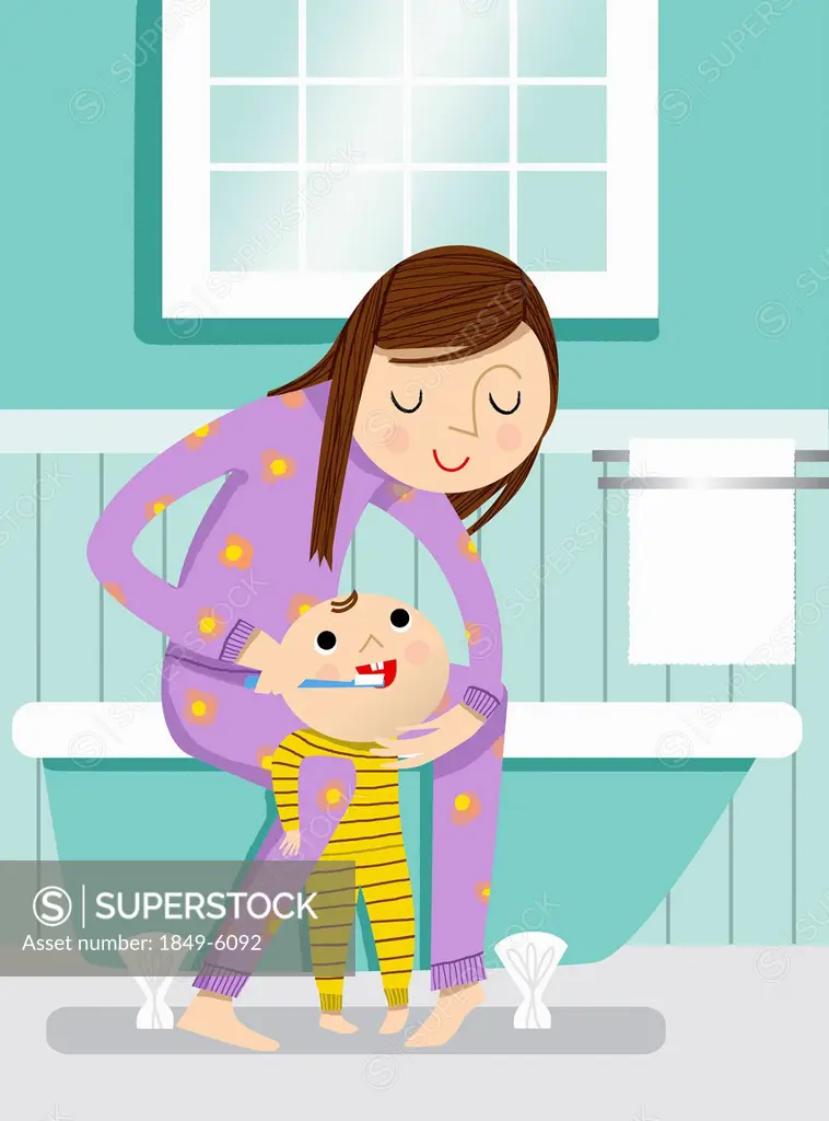 Mother helping baby brush teeth in bathroom