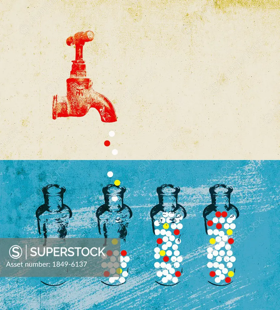 Pills dripping from faucet spout into glass bottles