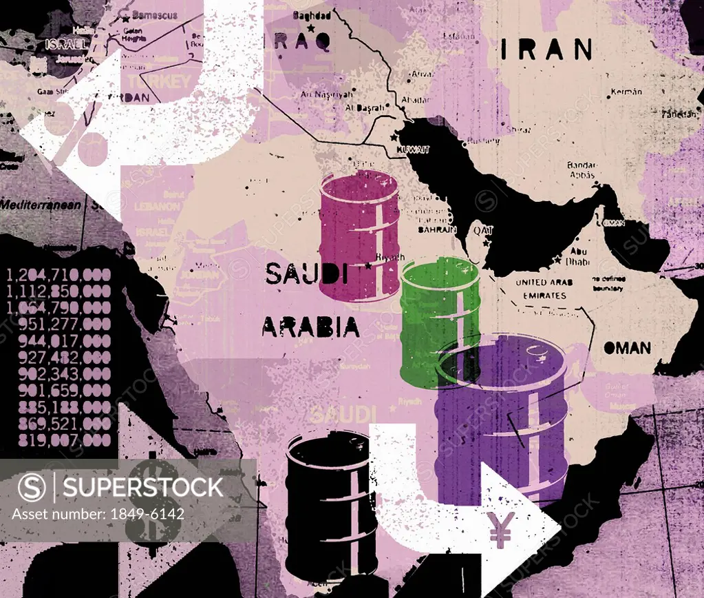 Oil barrels on map of Middle East