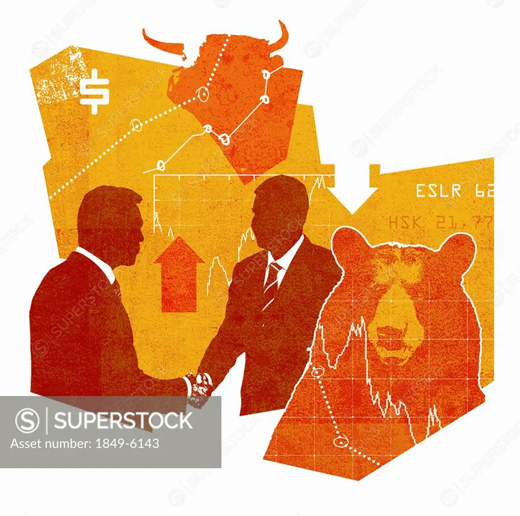 Graphs and arrows behind businessmen shaking hands between bear and bull