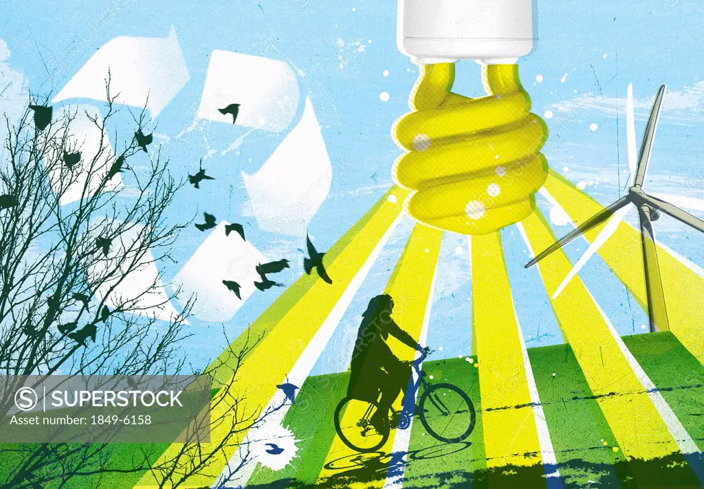 Woman riding bike with low energy light bulb, recycling symbol and wind turbine