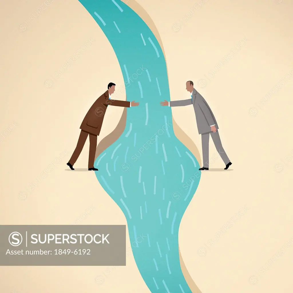 Businessmen reaching to shake hands over river