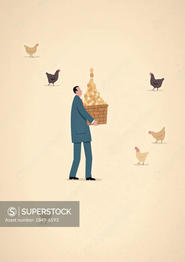 Businessman carrying basket full of chicken eggs