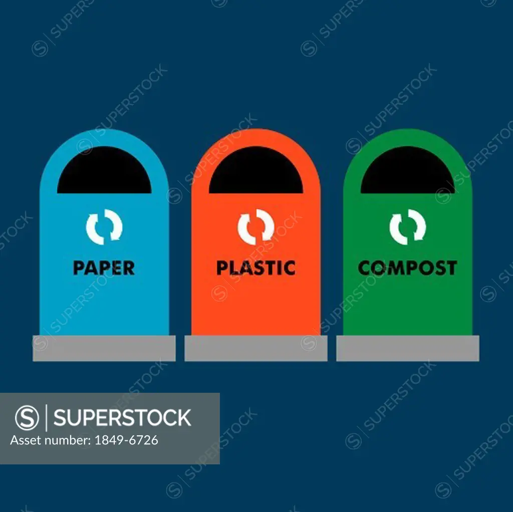 Paper, plastic and compost recycling bins in a row