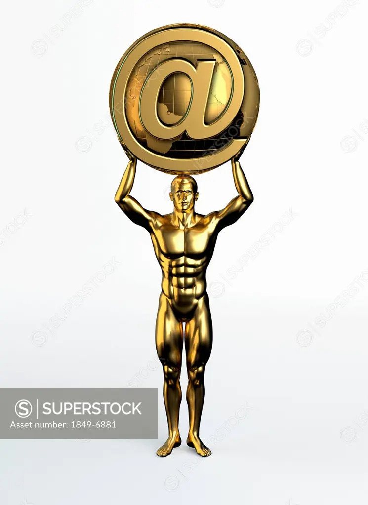 Gold statue of man holding world with internet 'at' sign above head