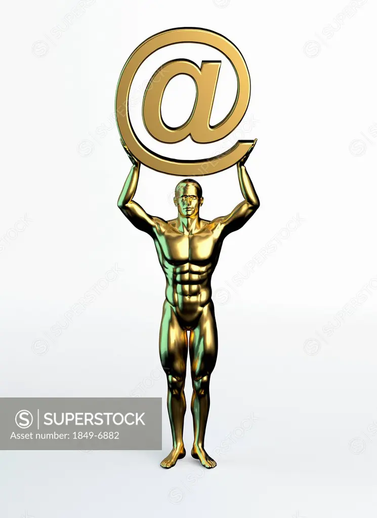 Gold statue of man holding at sign above head
