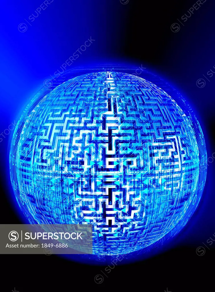 Maze and binary code covering illuminated globe