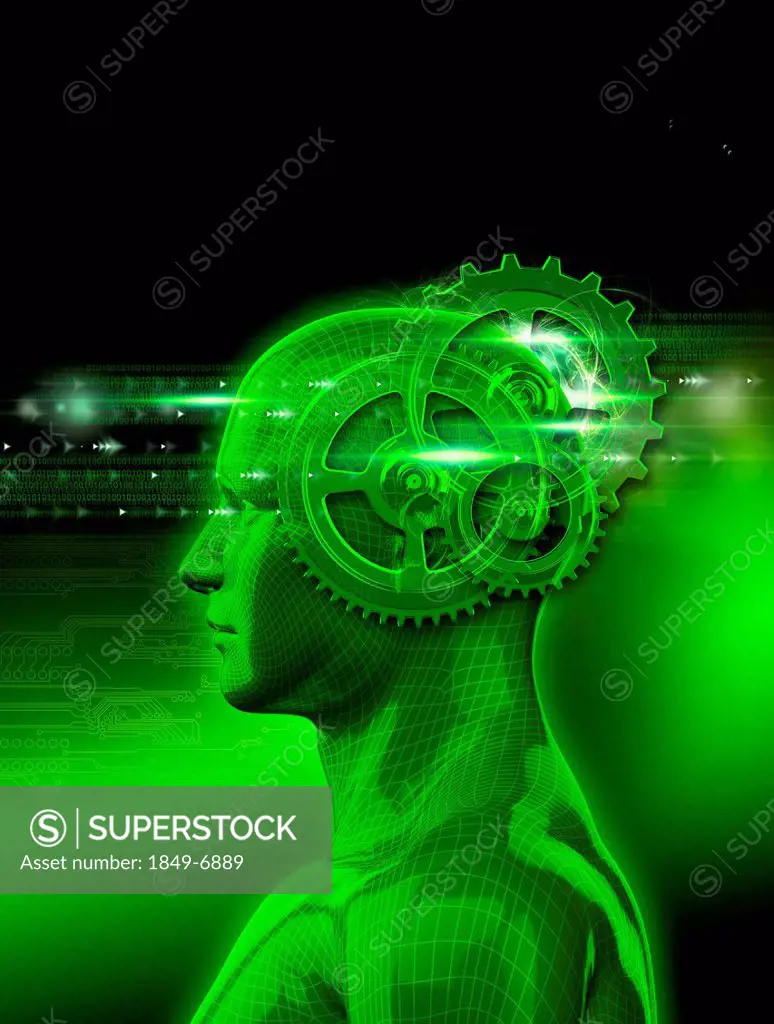 Model of man with cogs inside head processing binary code
