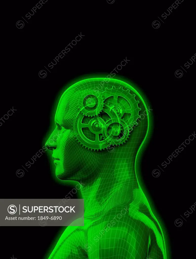 Model of man with cogs inside head