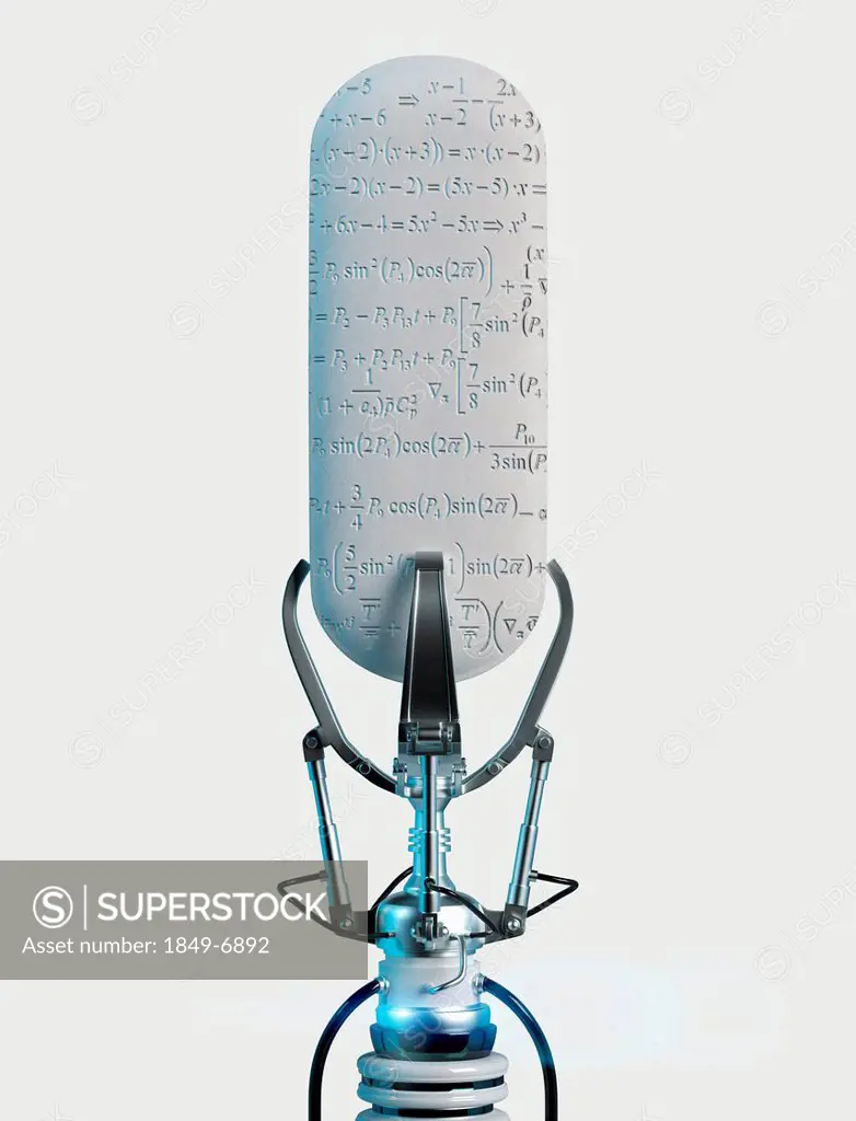 Robotic claw holding prescription pill with formula equations