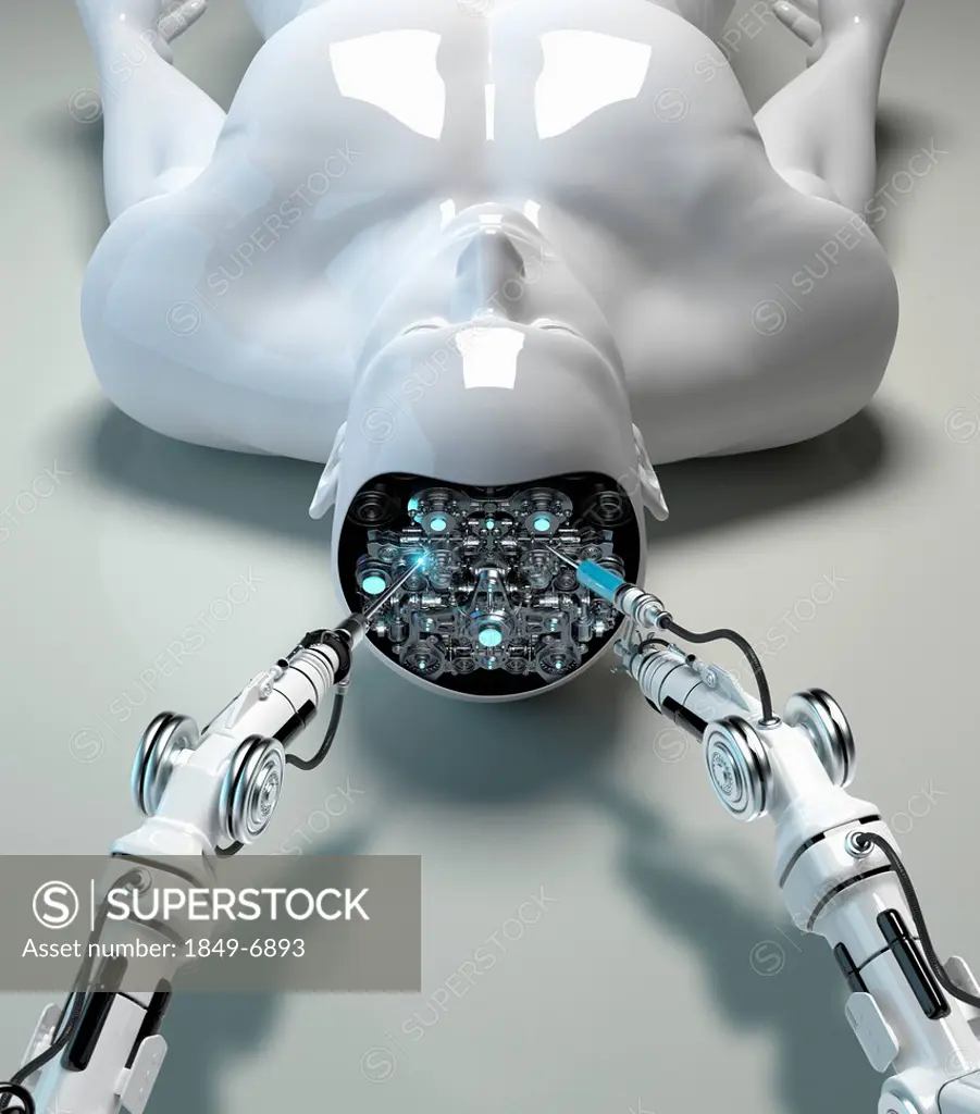 Robotic arm repairing brain of male android