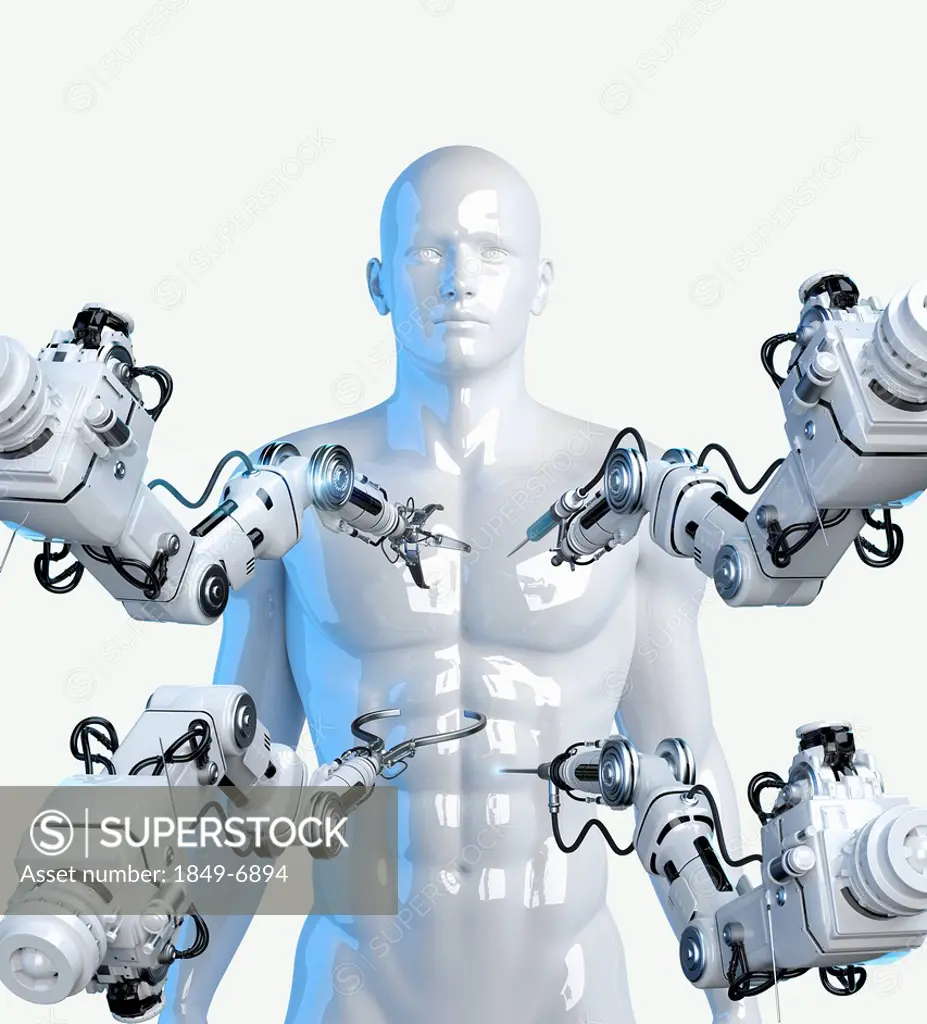 Robotic arms with tools around model of male human body
