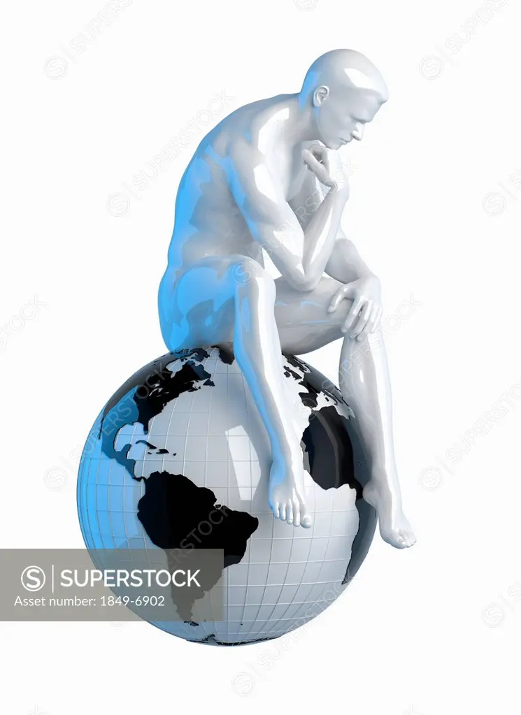 Statue of man in pose of 'The Thinker' sitting on globe
