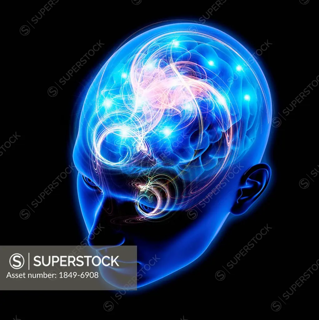 Sparks and illuminated activity from human brain in blue transparent head