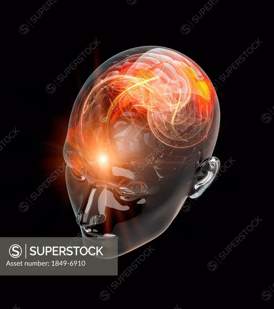 Illuminated activity from red human brain in transparent head