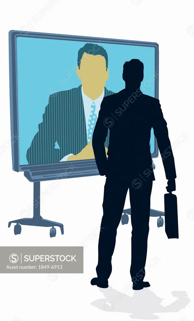 Businessman talking to co-worker on large video conference screen