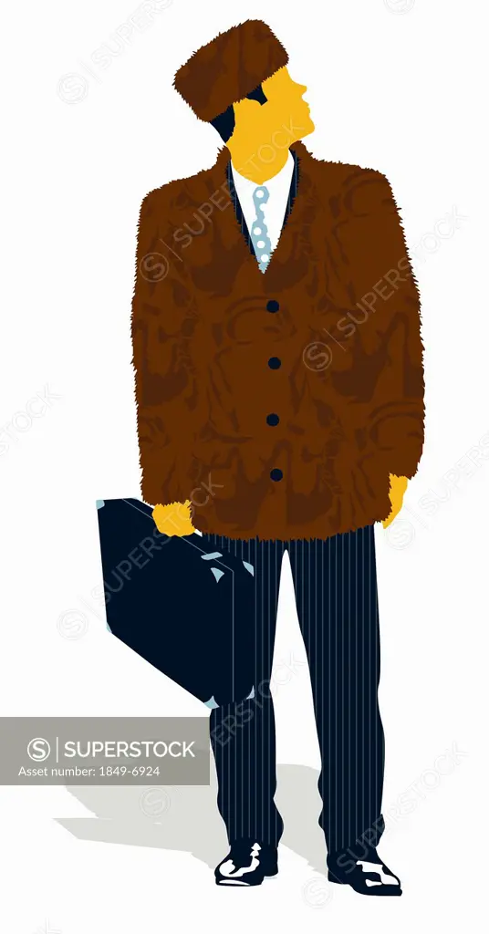 Businessman in fur suit jacket and hat