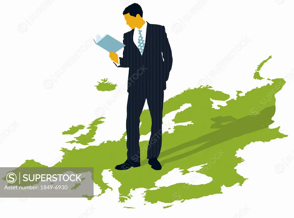 Businessman reading book standing on map of Europe