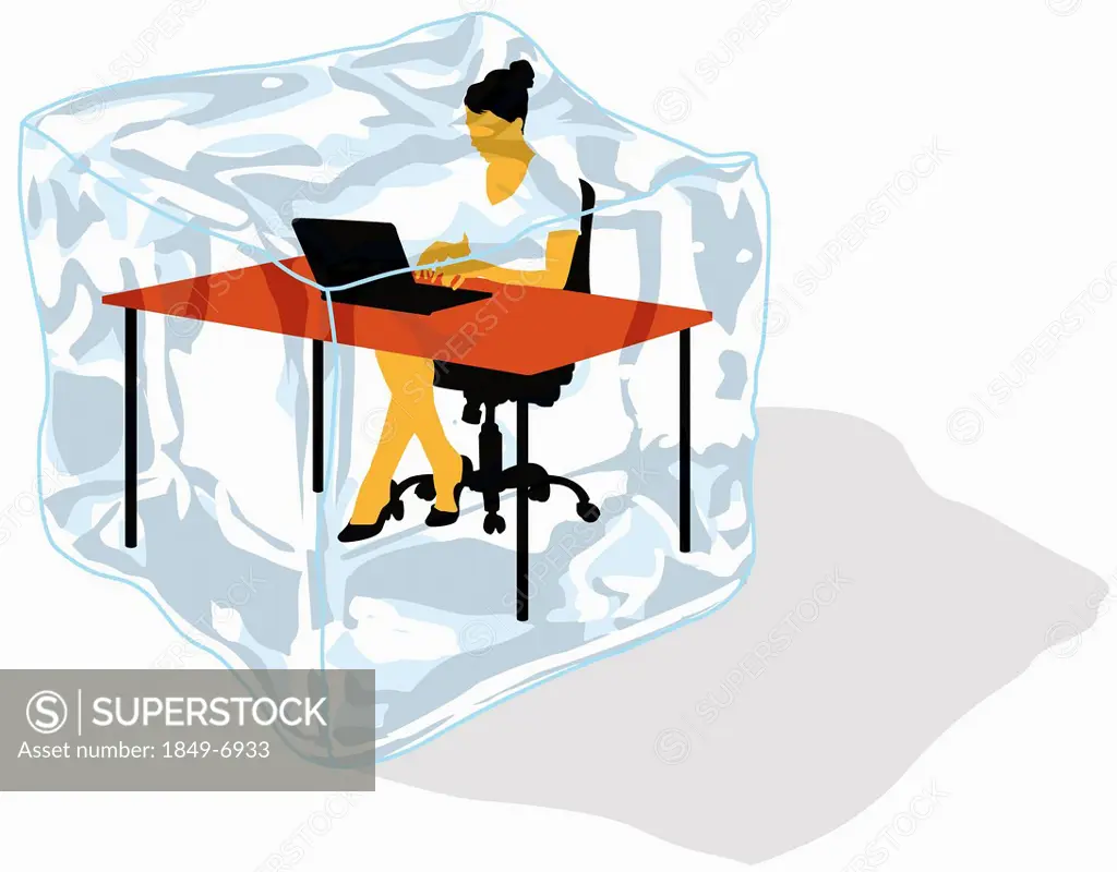 Businesswoman working inside of ice cube