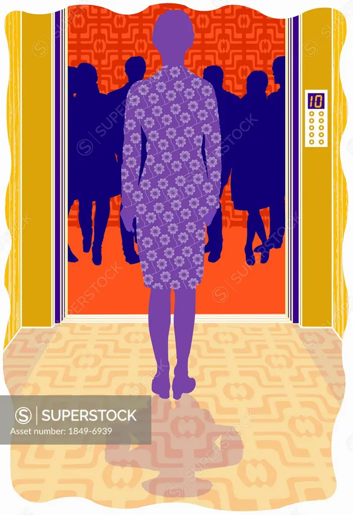 Woman standing outside of elevator full of business people