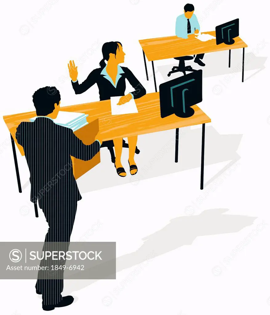 Busy businesswoman refusing box of paperwork next to oblivious colleague