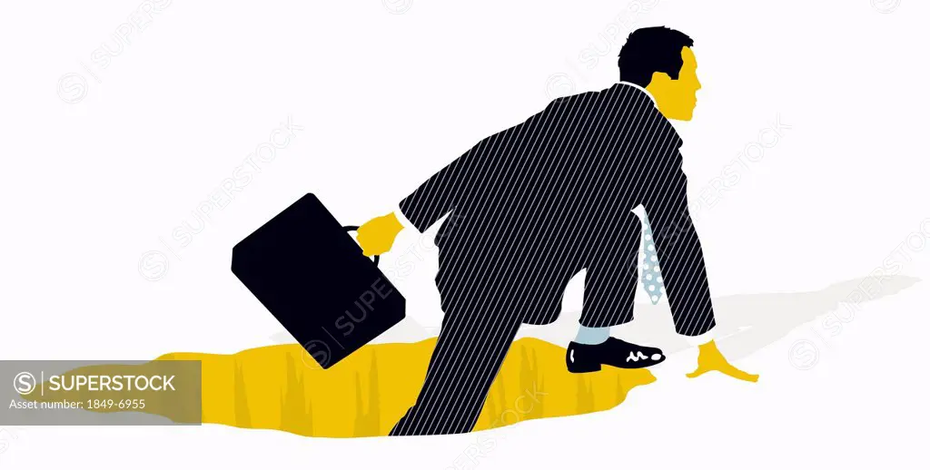 Businessman with briefcase climbing out of hole
