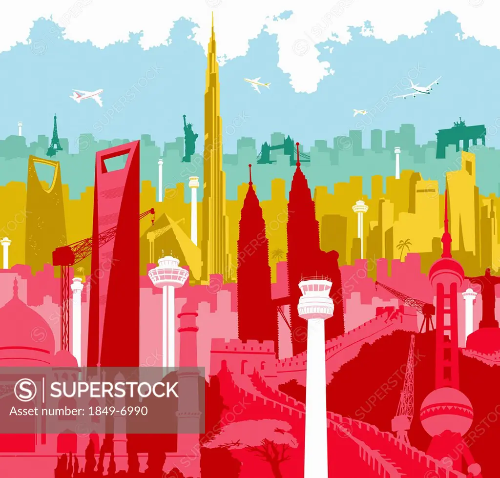 Airplanes flying over colorful montage of international landmarks
