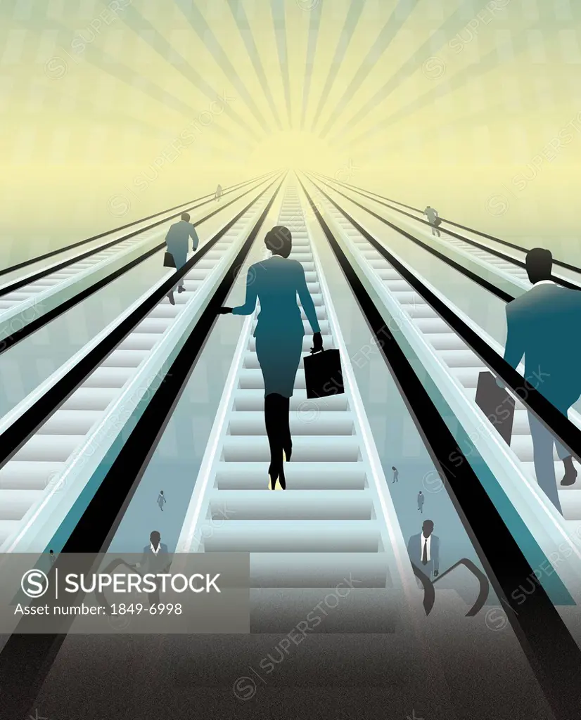Business people ascending escalators toward sun