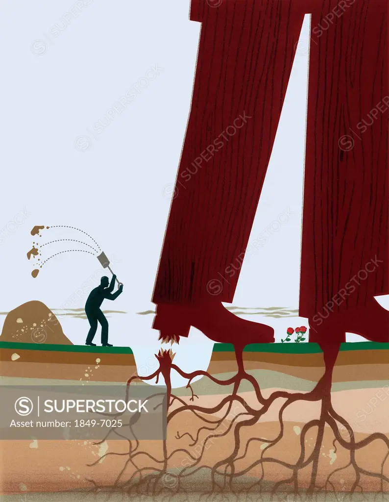 Small businessman cutting roots and freeing big businessman