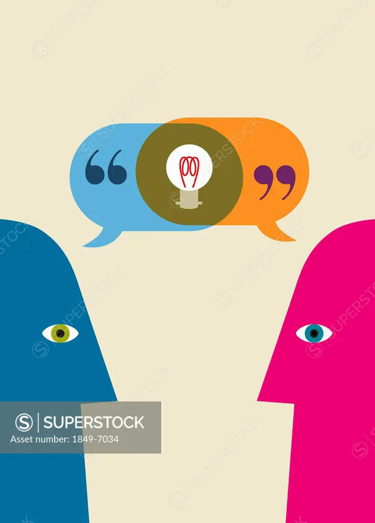 Light bulb inside of overlapping speech bubbles from two heads communicating face to face
