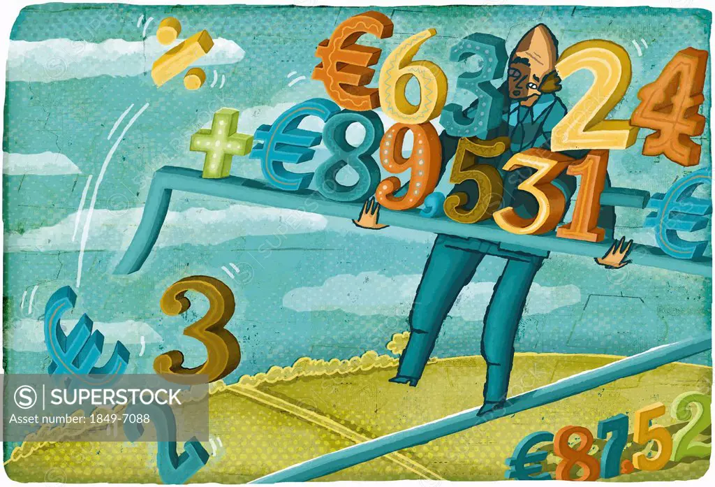 Stressed businessman walking tightrope balancing falling euro calculations