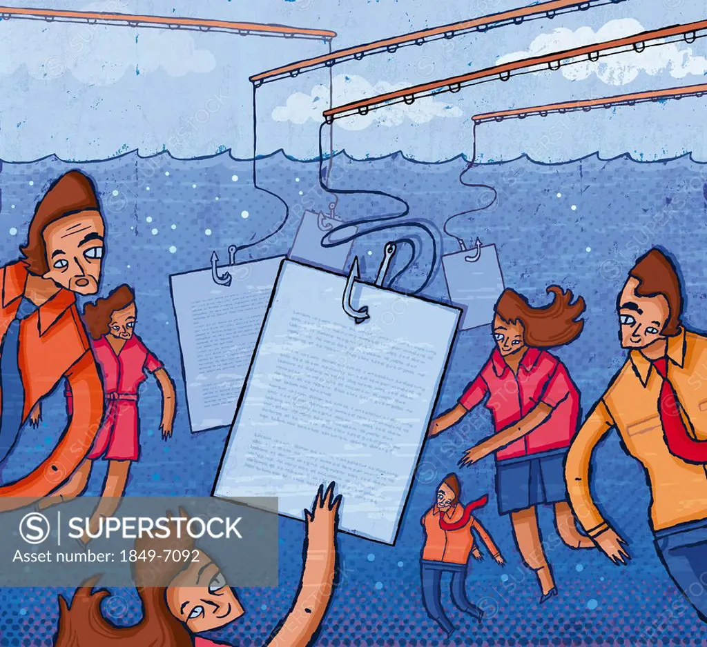Business people underwater reaching for documents on fishing hooks