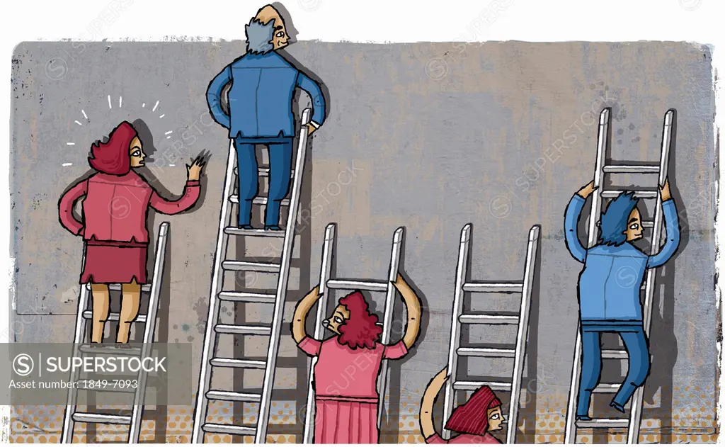 Frustrated businesswomen on short ladders beside businessmen climbing long ladders