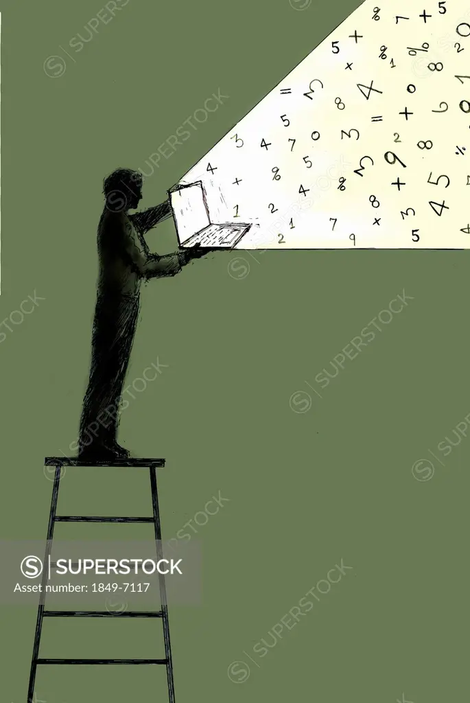 Numbers streaming from open laptop held by man standing on top of ladder