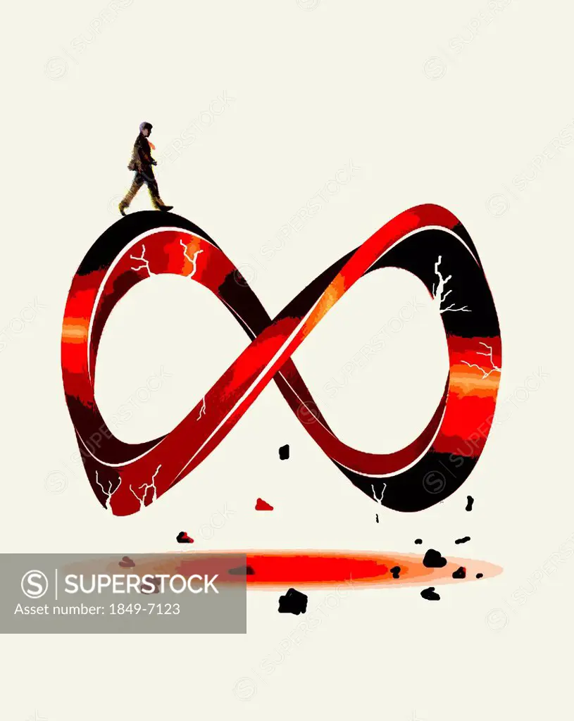 Man walking on crumbling infinity symbol