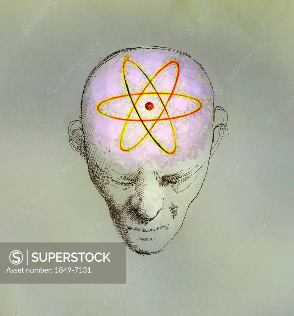 Atom symbol covering brain of man