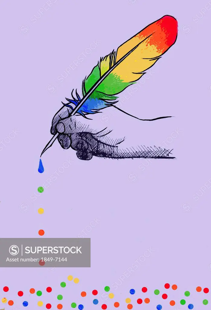 Multicolored ink droplets falling from rainbow quill pen