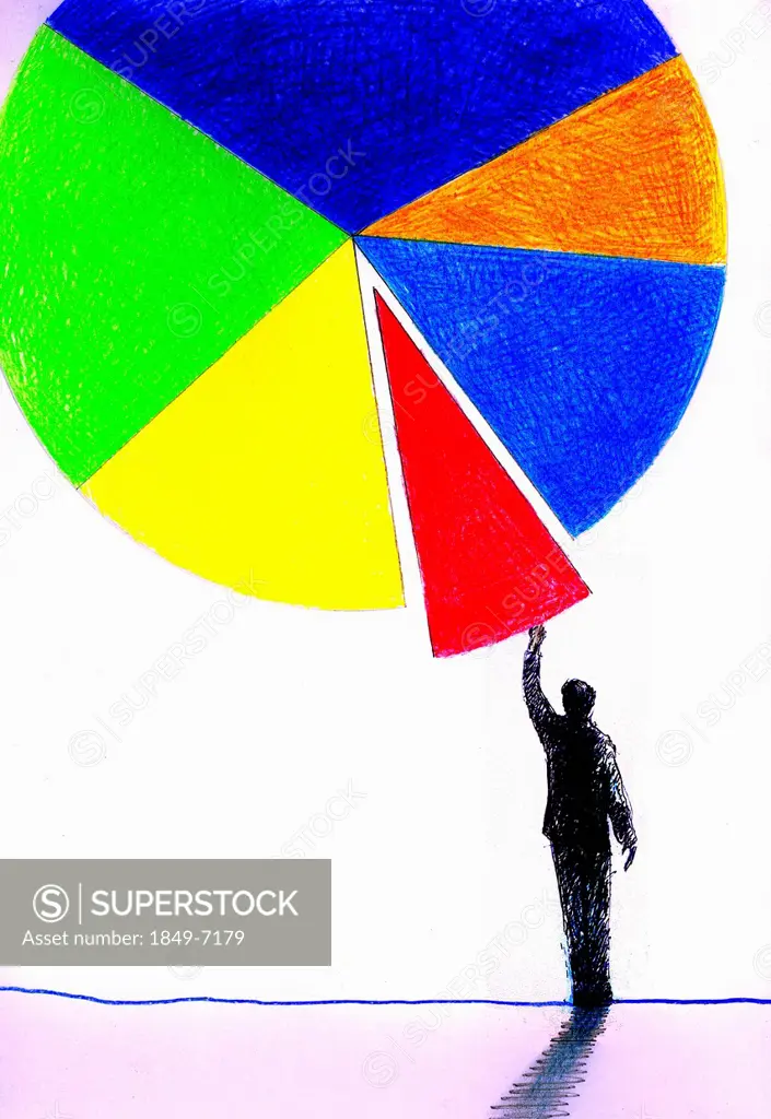 Businessman reaching for piece of pie chart